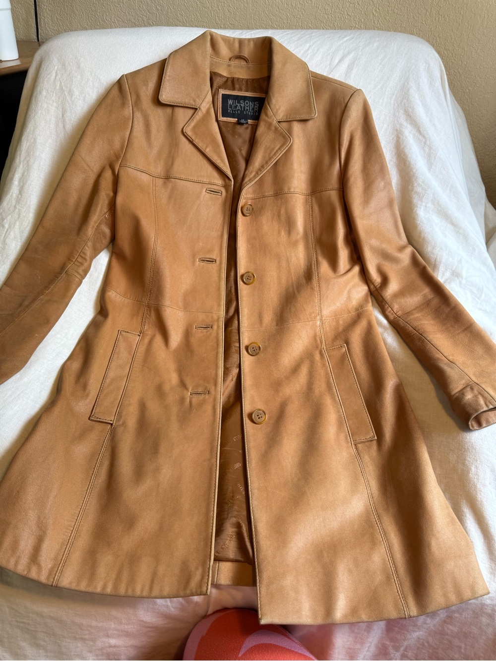 Genuine Tan Leather Trench Coat